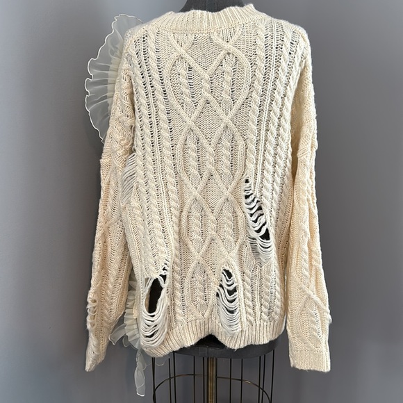 Cream Oversized Sweater Distressed Lace Accent - Picture 7 of 7